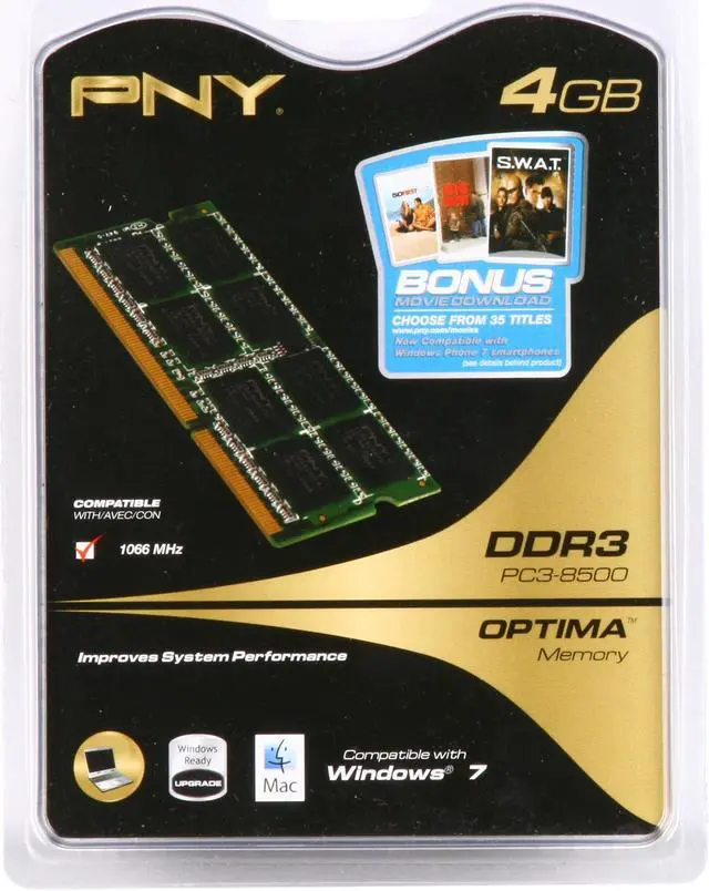 Alt view image 3 of 3 - PNY Optima 4GB 204-Pin DDR3 SO-DIMM DDR3 1066 (PC3 8500) Laptop Memory Model MN4096SD3-1066