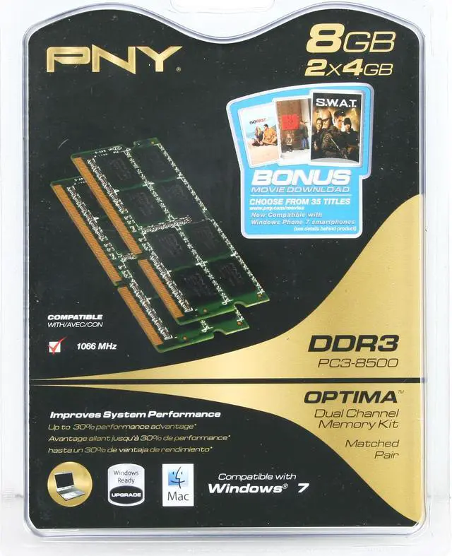 Alt view image 3 of 3 - PNY Optima 8GB (2 x 4GB) 204-Pin DDR3 SO-DIMM DDR3 1066 (PC3 8500) Laptop Memory Model MN8192KD3-1066