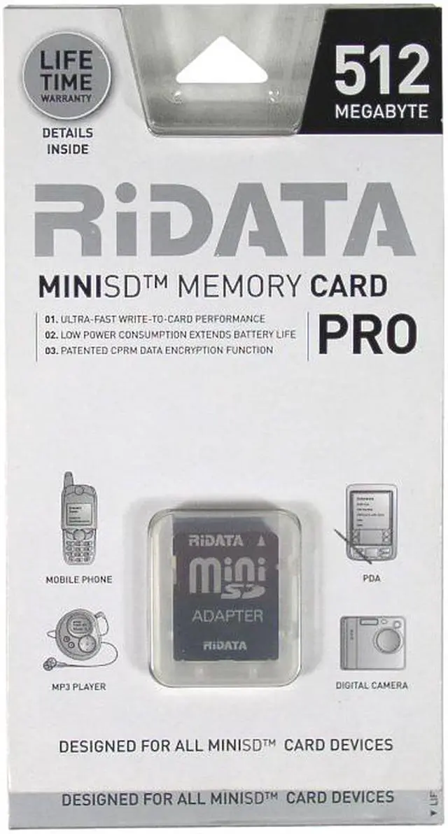 Main image of RiDATA PRO 512MB MiniSD Flash Card Model MSDCR512-GLD