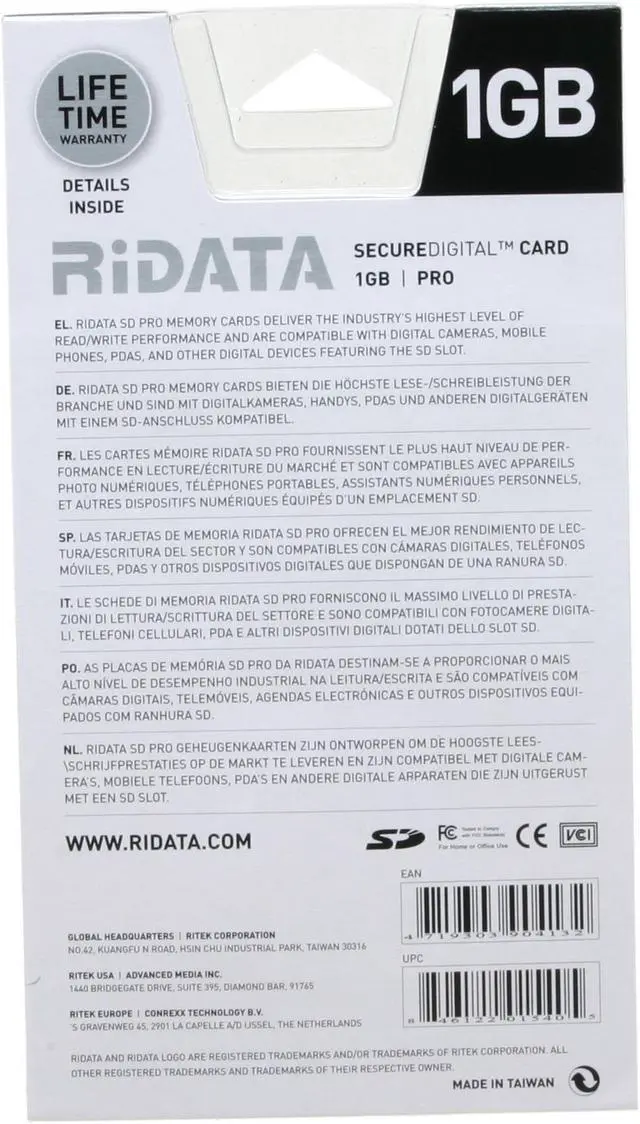 Alt view image 3 of 3 - RiDATA 1GB Secure Digital (SD) Flash Card Model SDCR1G-SILV