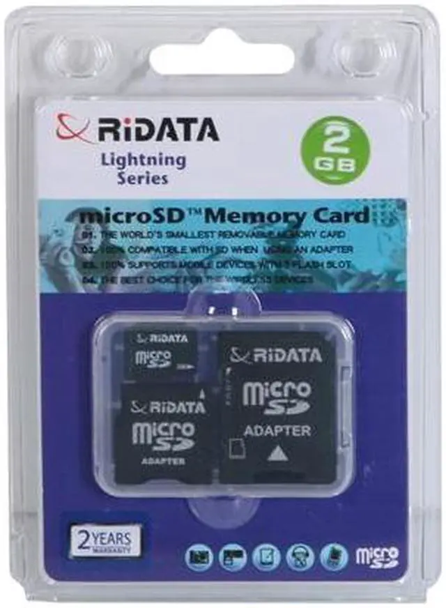 Main image of RiDATA Lightning Series 2GB MicroSD Flash Card with 2 adapters (easy convert to miniSD / SD) Model RDMICSD2G-LIG-2