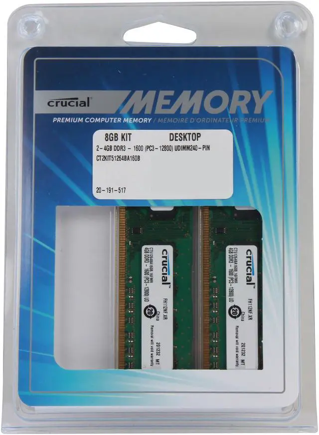 Alt view image 3 of 3 - Crucial 8GB (2 x 4GB) DDR3 1600 (PC3 12800) Desktop Memory Model CT2KIT51264BA160B