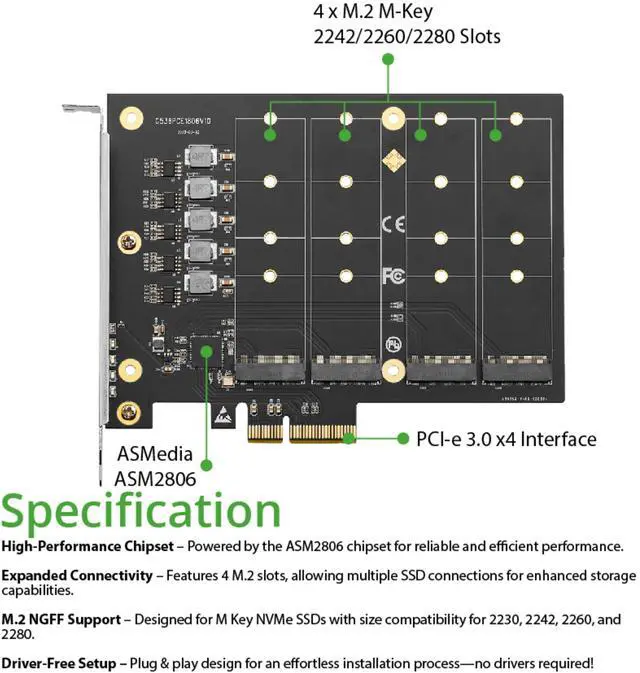 Alt view image 7 of 8 - PCIe 3.0 x4 to 4-Port M.2 NVMe Adapter Card