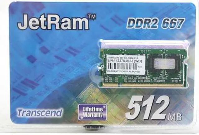 Main image of Transcend JetRam 512MB 200-Pin DDR2 SO-DIMM DDR2 667 (PC2 5300) Laptop Memory Model JM467Q643A-6
