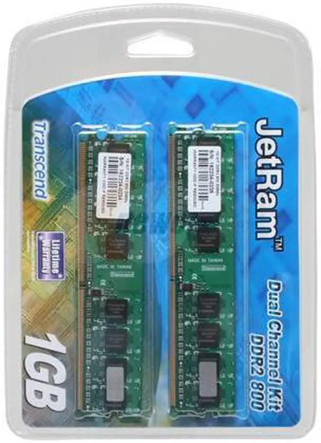 Main image of Transcend JetRam 1GB (2 x 512MB) DDR2 800 (PC2 6400) Dual Channel Kit Desktop Memory Model JM1GDDR2-8K