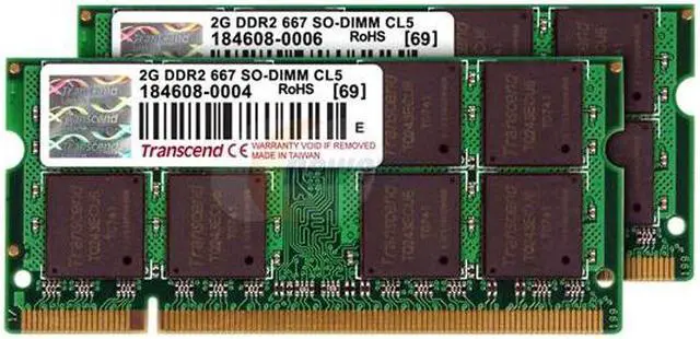Main image of Transcend 4GB (2 x 2GB) 200-Pin DDR2 SO-DIMM DDR2 667 (PC2 5300) Dual Channel Kit Laptop Memory Model JM667QSU-4GK