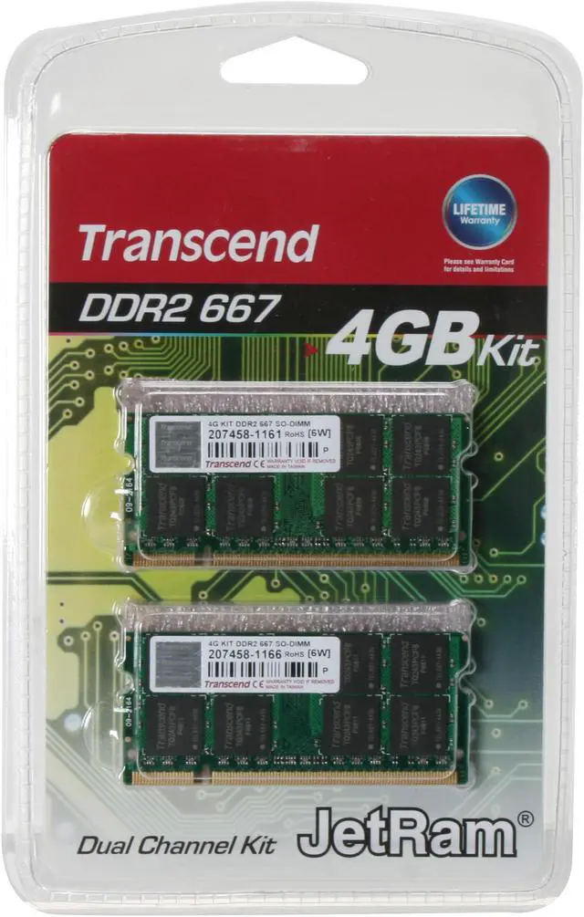 Alt view image 2 of 2 - Transcend 4GB (2 x 2GB) 200-Pin DDR2 SO-DIMM DDR2 667 (PC2 5300) Dual Channel Kit Laptop Memory Model JM667QSU-4GK