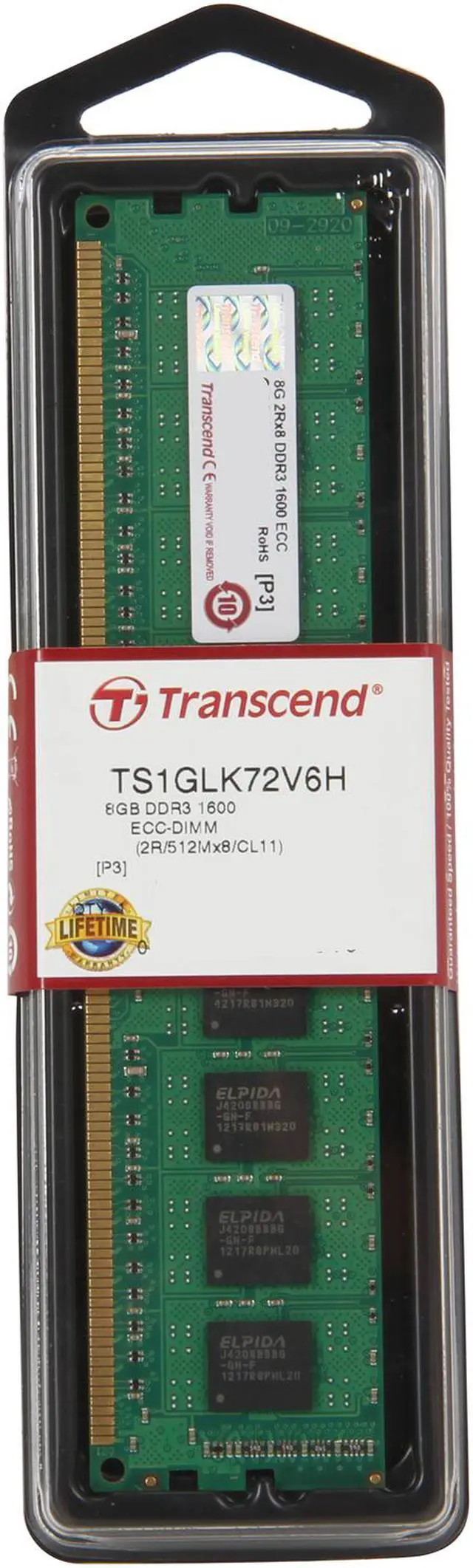 Alt view image 3 of 3 - Transcend 8GB ECC DDR3 1600 (PC3 12800) Server Memory Model TS1GLK72V6H