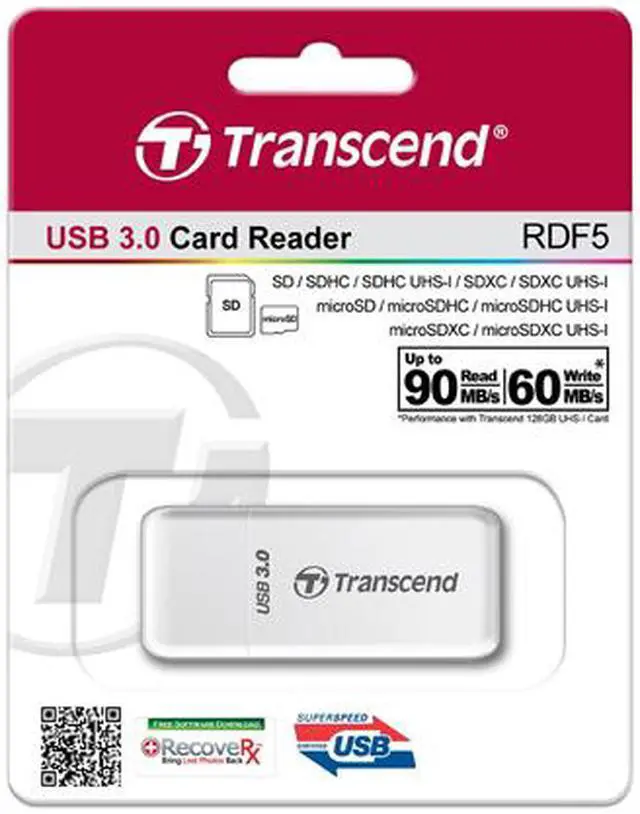 Alt view image 3 of 3 - Transcend RDF5 USB 3.0 Support SDHC (UHS-I), SDXC (UHS-I), microSD, microSDHC (UHS-I), and microSDXC (UHS-I) Flash Card Reader - White