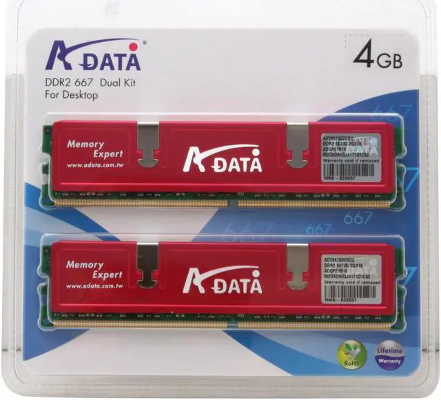 Alt view image 2 of 2 - ADATA 4GB (2 x 2GB) DDR2 667 (PC2 5300) Dual Channel Kit Desktop Memory Model ADQPE1B16K
