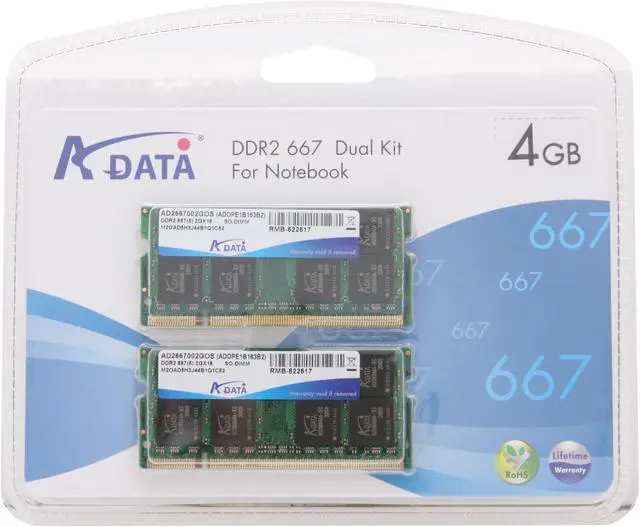 Alt view image 2 of 2 - ADATA Premier Series 4GB (2 x 2GB) 200-Pin DDR2 SO-DIMM DDR2 667 (PC2 5300) Dual Channel Kit Laptop Memory Model AD2S667B1G5-2