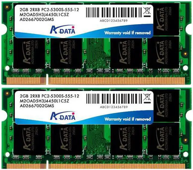 Main image of ADATA Premier Series 4GB (2 x 2GB) 200-Pin DDR2 SO-DIMM DDR2 667 (PC2 5300) Dual Channel Kit Laptop Memory Model AD2S667B1G5-2