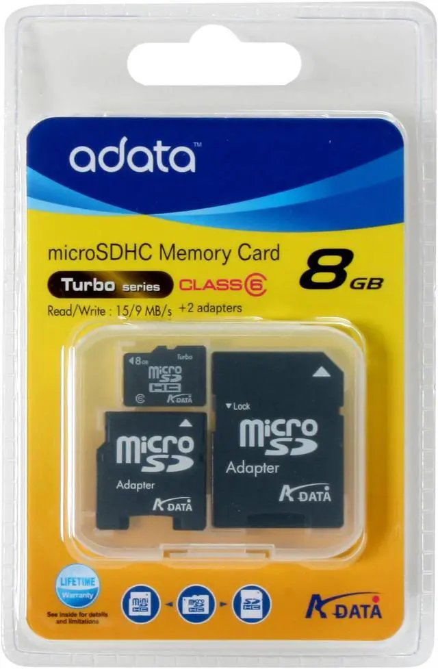 Alt view image 2 of 2 - ADATA 8GB microSDHC Flash Card w/ SD and miniSD adapters Model MicroSDHC 8G 2 adt