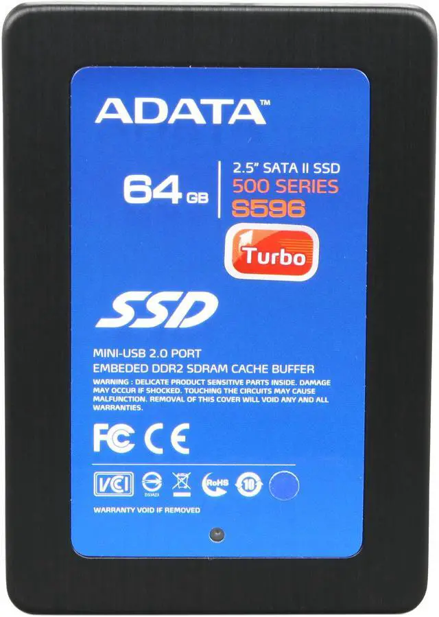 Alt view image 2 of 5 - ADATA S596 Turbo AS596TB-64GM-C 2.5" 64GB USB 2.0 & SATAII Internal / External Solid State Drive (SSD)
