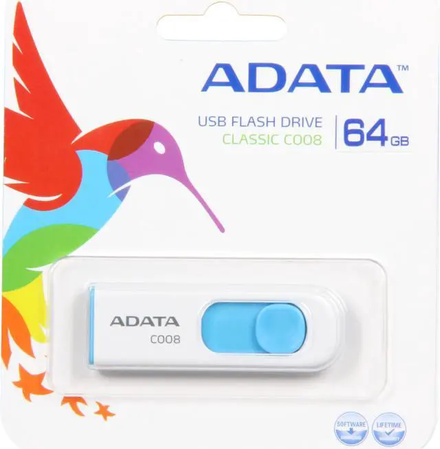 Alt view image 4 of 4 - ADATA Classic Series C008 Retractable 64GB USB 2.0 Flash Drive (White and Blue) AC008-64G-RWE
