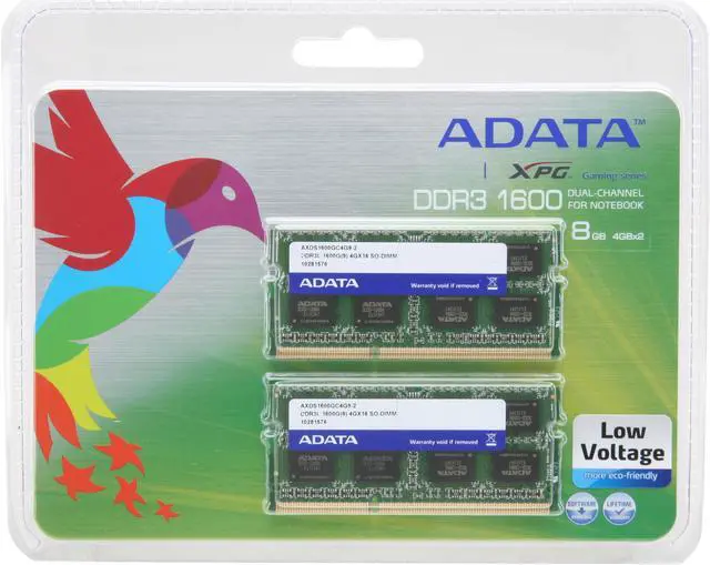 Alt view image 3 of 3 - ADATA 8GB (2 x 4GB) 204-Pin DDR3 SO-DIMM DDR3L 1600 (PC3L 12800) Laptop Memory Model AXDS1600GC4G9-2