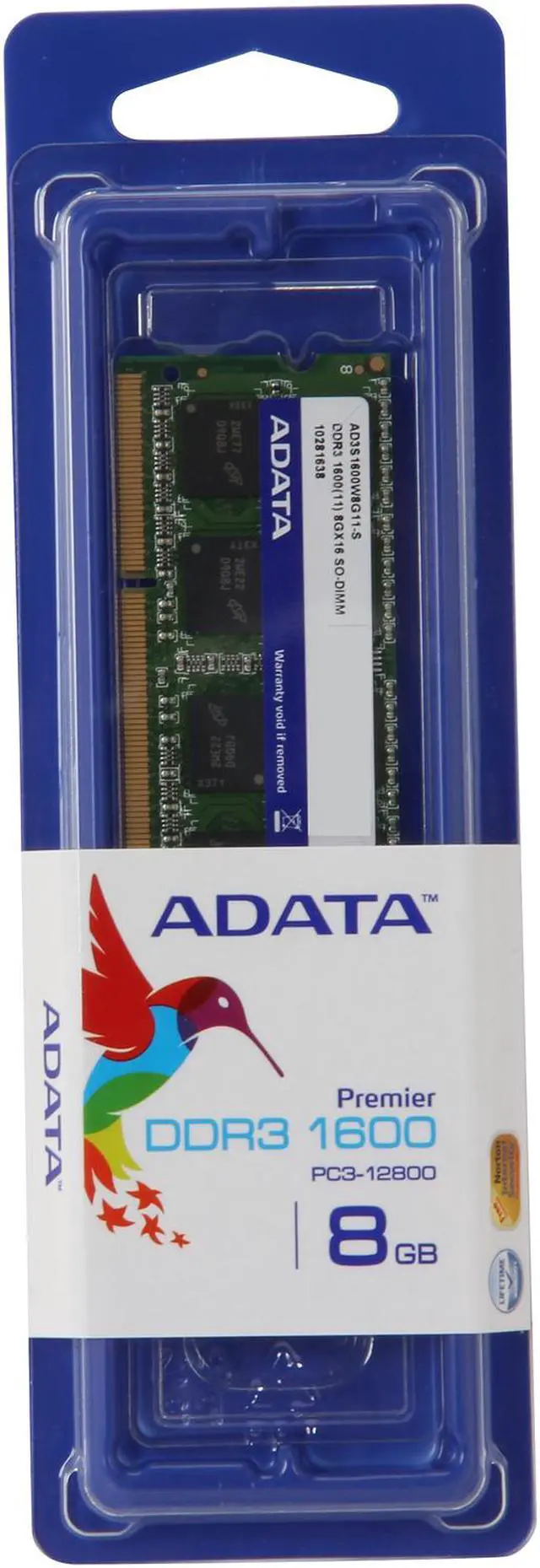 Alt view image 3 of 3 - ADATA 8GB 204-Pin DDR3 SO-DIMM DDR3 1600 (PC3 12800) Laptop Memory Model AD3S1600W8G11-S