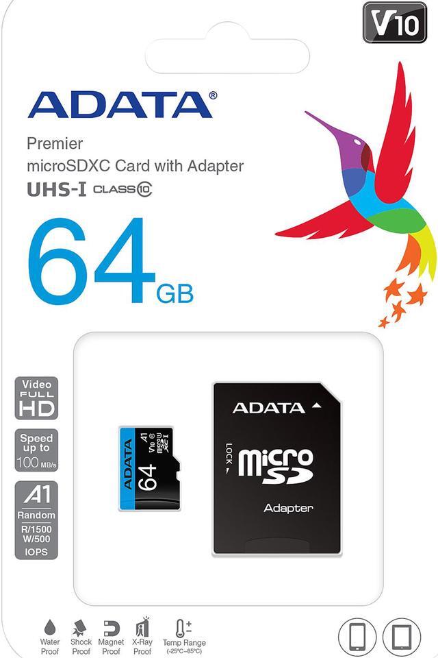 Alt view image 4 of 4 - ADATA 64GB Premier microSDXC UHS-I / Class 10 V10 A1 Memory Card with SD Adapter, Speed Up to 100MB/s (AUSDX64GUICL10A1-RA1)