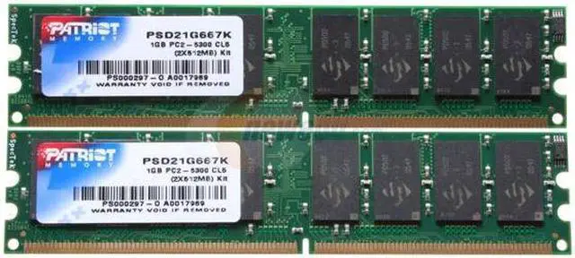 Main image of Patriot Signature 1GB (2 x 512MB) DDR2 667 (PC2 5300) Dual Channel Kit Desktop Memory Model PSD21G667K