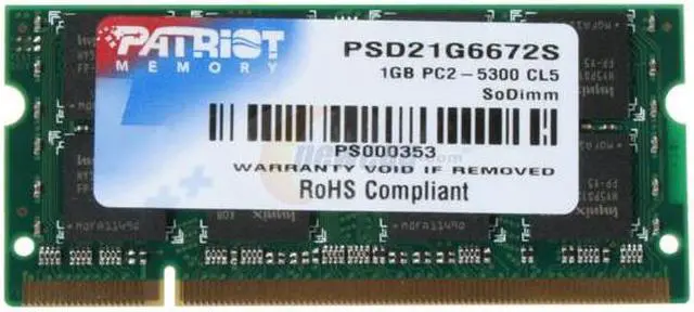 Alt view image 2 of 3 - Patriot 1GB 200-Pin DDR2 SO-DIMM DDR2 667 (PC2 5300) Laptop Memory Model PSD21G6672S
