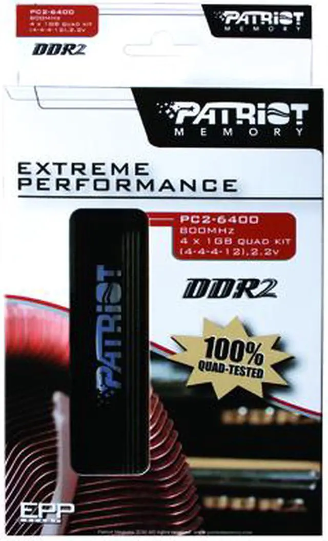 Alt view image 2 of 2 - Patriot Extreme Performance 4GB (4 x 1GB) DDR2 800 (PC2 6400) Quad Kit Desktop Memory Model PDC24G6400LLQK