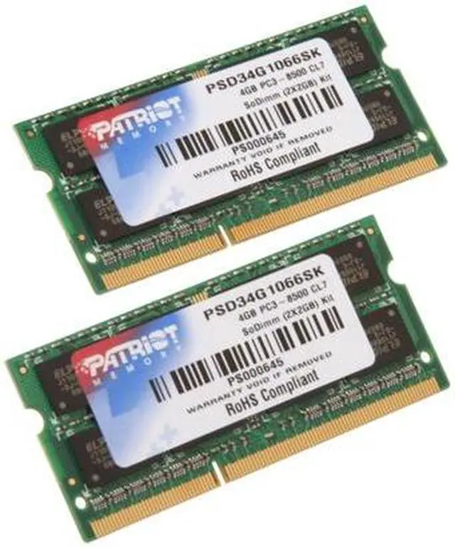 Main image of Patriot 4GB (2 x 2GB) 204-Pin DDR3 SO-DIMM DDR3 1066 (PC3 8500) Dual Channel Kit Laptop Memory Model PSD34G1066SK