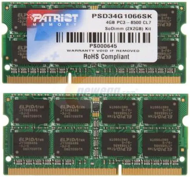 Alt view image 2 of 3 - Patriot 4GB (2 x 2GB) 204-Pin DDR3 SO-DIMM DDR3 1066 (PC3 8500) Dual Channel Kit Laptop Memory Model PSD34G1066SK
