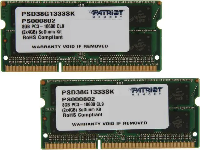 Main image of Patriot 8GB (2 x 4GB) 204-Pin DDR3 SO-DIMM DDR3 1333 (PC3 10600) Laptop Memory Model PSD38G1333SK