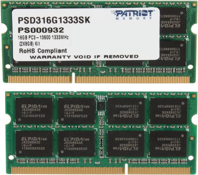 Alt view image 2 of 3 - Patriot Signature 16GB (2 x 8GB) 204-Pin DDR3 SO-DIMM DDR3 1333 (PC3 10600) Laptop Memory Model PSD316G1333SK