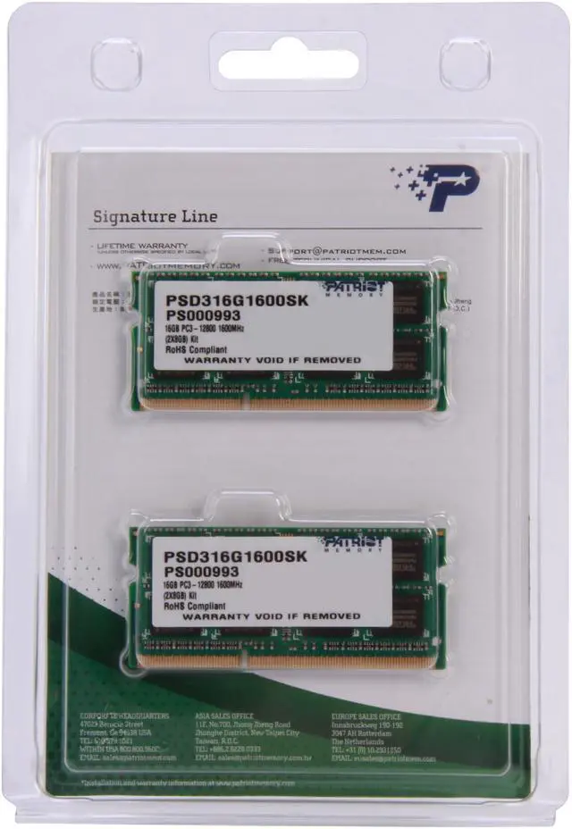 Alt view image 3 of 3 - Patriot Signature 16GB (2 x 8GB) 204-Pin DDR3 SO-DIMM DDR3 1600 (PC3 12800) Laptop Memory Model PSD316G1600SK