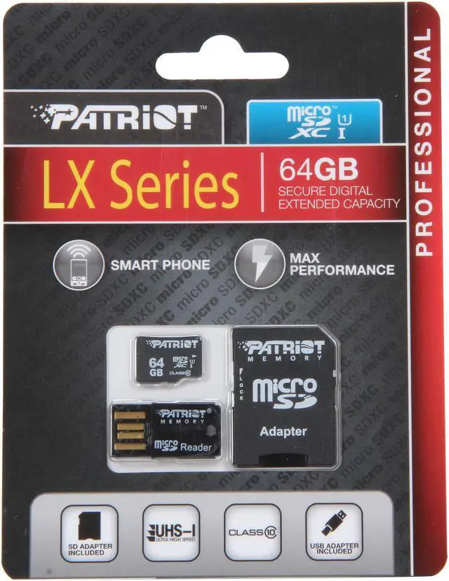 Alt view image 3 of 3 - Patriot LX Series 64GB Class 10 Micro SDXC Flash Card Kit With SD & USB 2.0 Adapter Model PSF64GMCSXC10UK