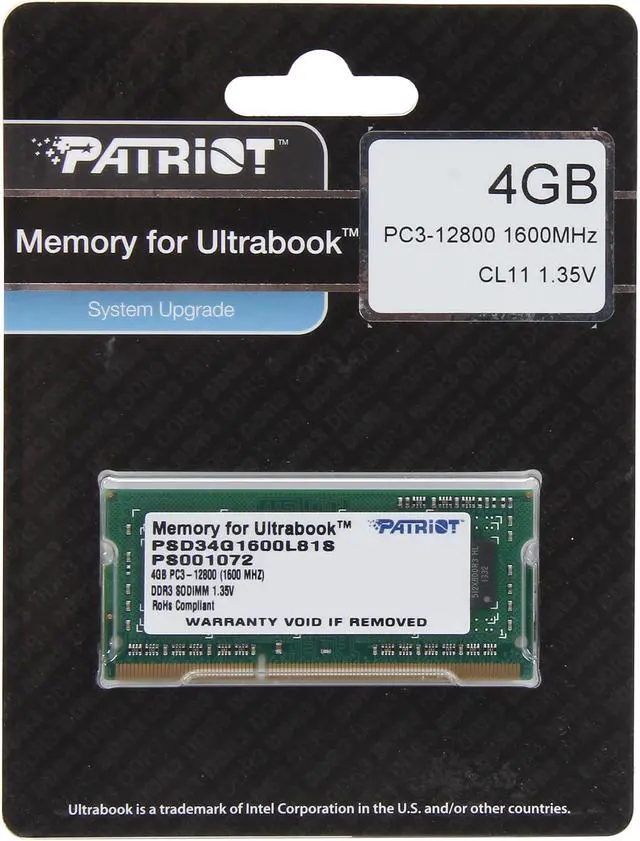 Alt view image 3 of 3 - Patriot Signature Line 4GB 204-Pin DDR3 SO-DIMM DDR3L 1600 (PC3L 12800) Laptop Memory Model PSD34G1600L81S