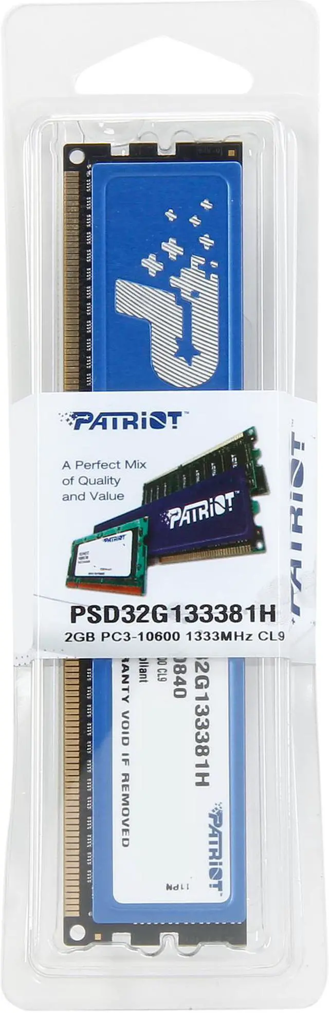 Alt view image 3 of 3 - Patriot Signature 2GB DDR3 1333 (PC3 10600) Desktop Memory Model PSD32G133381H