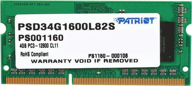 Main image of Patriot 4GB 204-Pin DDR3 SO-DIMM DDR3L 1600 (PC3L 12800) Memory Model PSD34G1600L82S