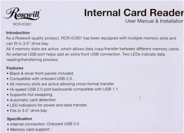 Alt view image 7 of 8 - Rosewill RCR-IC001 - 3.5" Internal 40-in-1 Card Reader with USB 2.0 Port & Extra Silver Face Plate