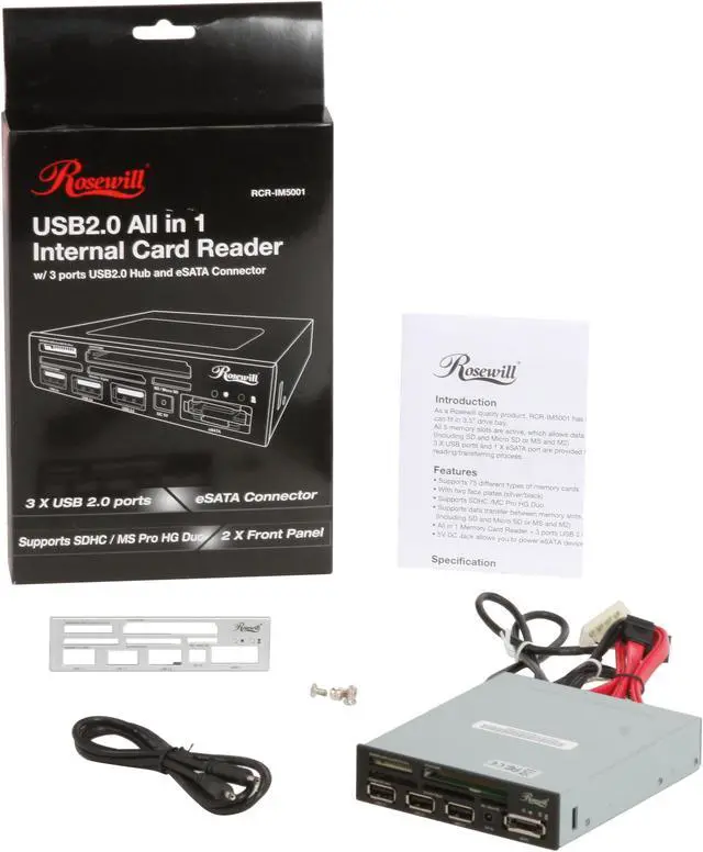 Alt view image 9 of 9 - Rosewill RCR-IM5001 - 75-in-1 Internal Card Reader Hub - 3 x USB 2.0 Ports / eSATA Port / Extra Silver Face Plate / Molex Power Cable - Fits 3.5” Drive Slot