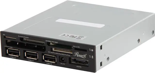 Main image of Rosewill RDCR-13001 USB2.0 All in One Internal Card Reader w/ 3 ports USB2.0 Hub / eSATA port / Extra silver fascia panel / SATA Power