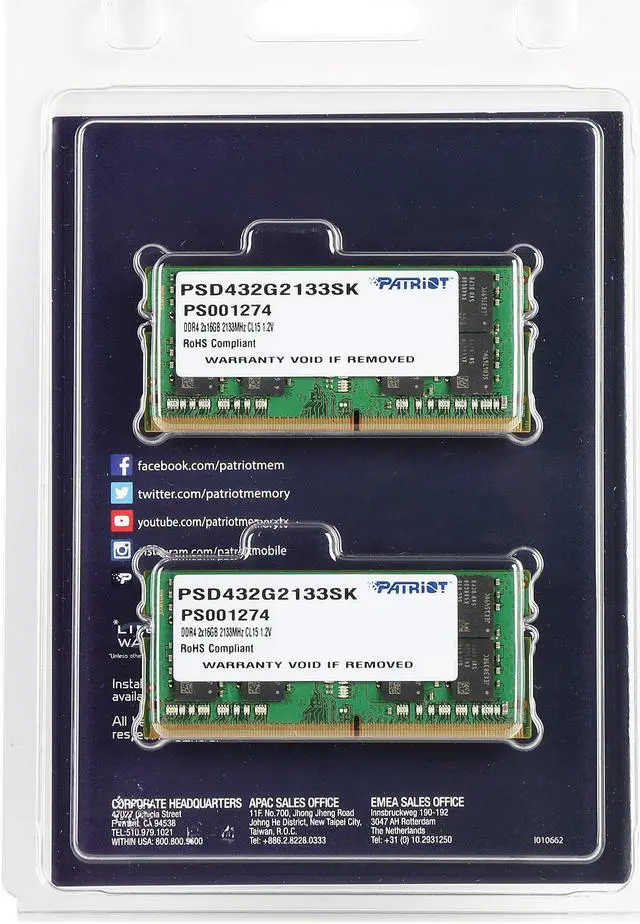Alt view image 3 of 3 - Patriot Signature Line 32GB (2 x 16GB) 260-Pin DDR4 SO-DIMM DDR4 2133 (PC4 17000) Memory (Notebook Memory) Model PSD432G2133SK
