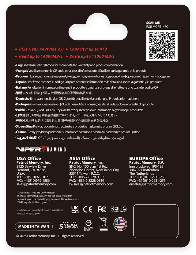 Alt view image 5 of 5 - Patriot VIPER PV563 M.2 2280 2TB PCI-Express 5.0 x4 3D NAND TLC Internal Solid State Drive (SSD) PV563P2TBM28H