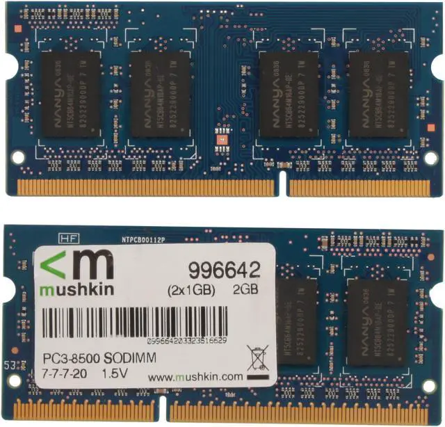 Alt view image 2 of 3 - Mushkin Enhanced 2GB (2 x 1GB) 204-Pin DDR3 SO-DIMM DDR3 1066 (PC3 8500) Dual Channel Kit Laptop Memory Model 996642