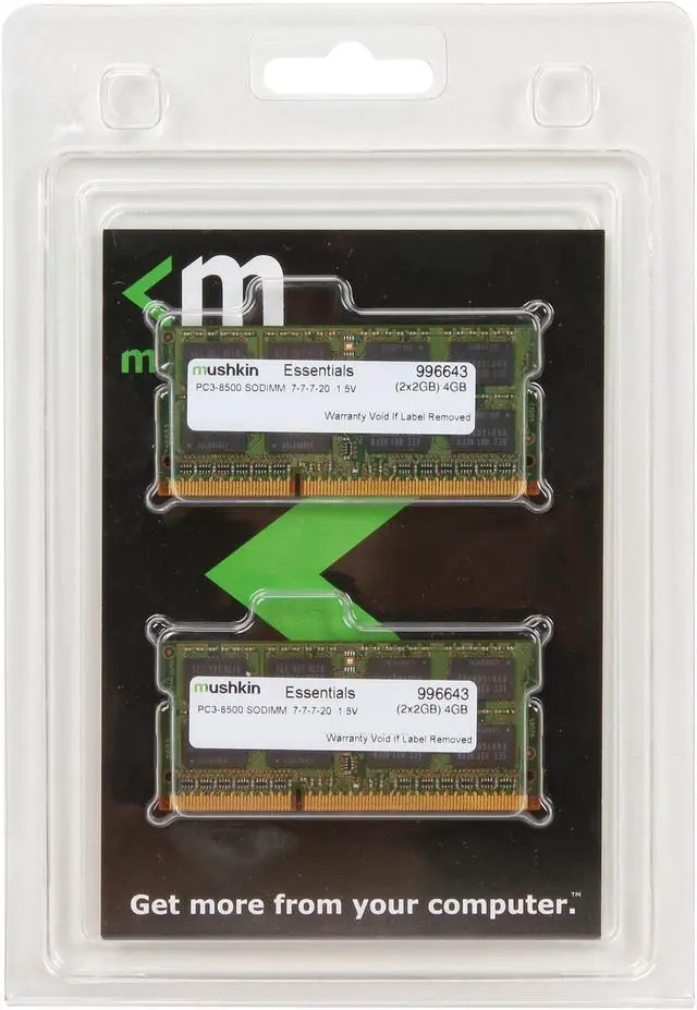 Alt view image 3 of 3 - Mushkin Enhanced Essentials 4GB (2 x 2GB) 204-Pin DDR3 SO-DIMM DDR3 1066 (PC3 8500) Laptop Memory Model 996643