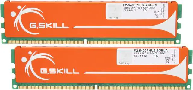 Main image of G.SKILL 2GB (2 x 1GB) DDR2 667 (PC2 5400) Dual Channel Kit Desktop Memory Model F2-5400PHU2-2GBLA