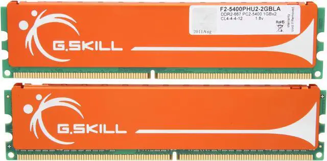 Alt view image 2 of 3 - G.SKILL 2GB (2 x 1GB) DDR2 667 (PC2 5400) Dual Channel Kit Desktop Memory Model F2-5400PHU2-2GBLA
