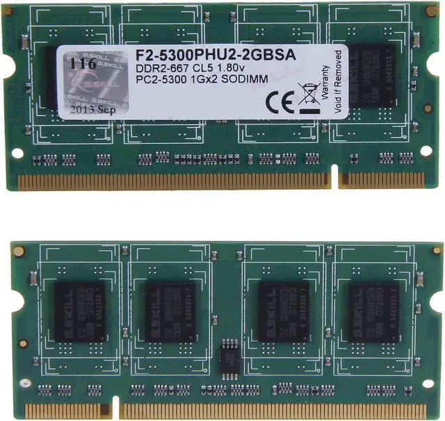 Alt view image 2 of 3 - G.SKILL 2GB (2 x 1GB) 200-Pin DDR2 SO-DIMM DDR2 667 (PC2 5300) Dual Channel Kit Laptop Memory Model F2-5300PHU2-2GBSA