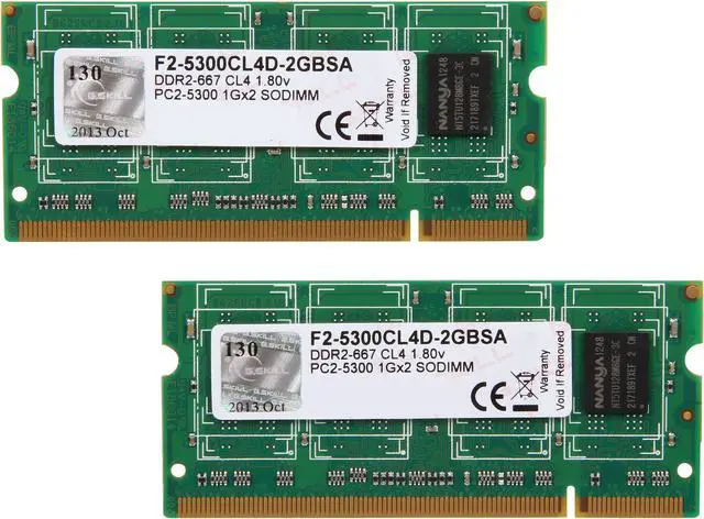 Main image of G.SKILL 2GB (2 x 1GB) 200-Pin DDR2 SO-DIMM DDR2 667 (PC2 5300) Dual Channel Kit Laptop Memory Model F2-5300CL4D-2GBSA