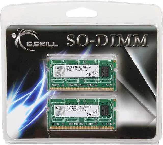 Alt view image 3 of 3 - G.SKILL 2GB (2 x 1GB) 200-Pin DDR2 SO-DIMM DDR2 667 (PC2 5300) Dual Channel Kit Laptop Memory Model F2-5300CL4D-2GBSA