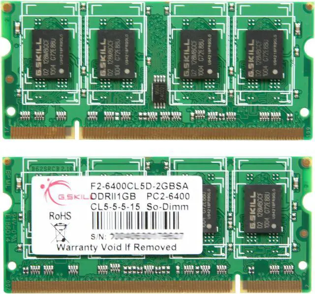 Alt view image 2 of 3 - G.SKILL 2GB (2 x 1GB) 200-Pin DDR2 SO-DIMM DDR2 800 (PC2 6400) Dual Channel Kit Laptop Memory Model F2-6400CL5D-2GBSA