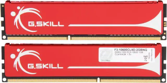 Alt view image 2 of 3 - G.SKILL 2GB (2 x 1GB) DDR3 1333 (PC3 10600) Dual Channel Kit Desktop Memory Model F3-10600CL9D-2GBNQ