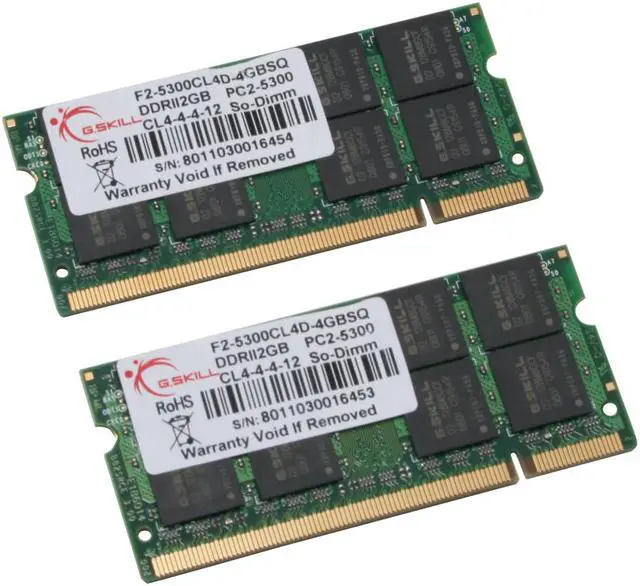 Main image of G.SKILL 4GB (2 x 2GB) 200-Pin DDR2 SO-DIMM DDR2 667 (PC2 5300) Dual Channel Kit Laptop Memory Model F2-5300CL4D-4GBSQ