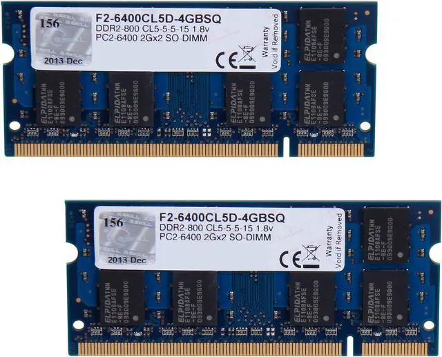 Main image of G.SKILL 4GB (2 x 2GB) 200-Pin DDR2 SO-DIMM DDR2 800 (PC2 6400) Dual Channel Kit Laptop Memory Model F2-6400CL5D-4GBSQ